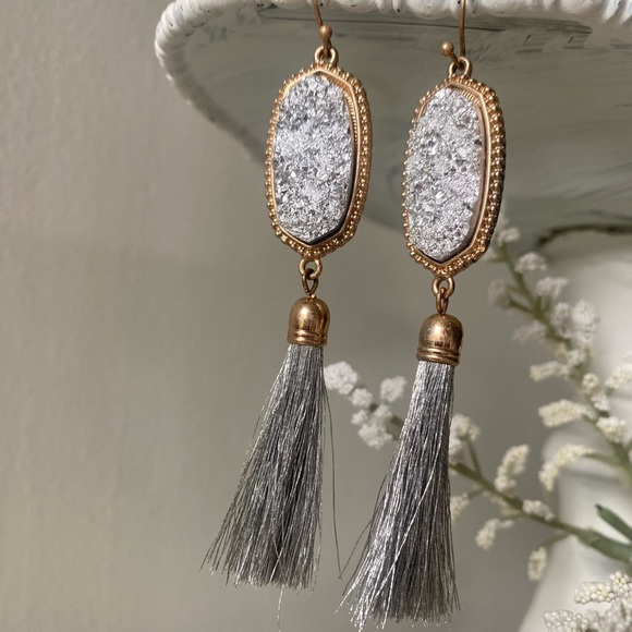Silver Druzy Tassel Dangle Earrings - Picture 1 of 14